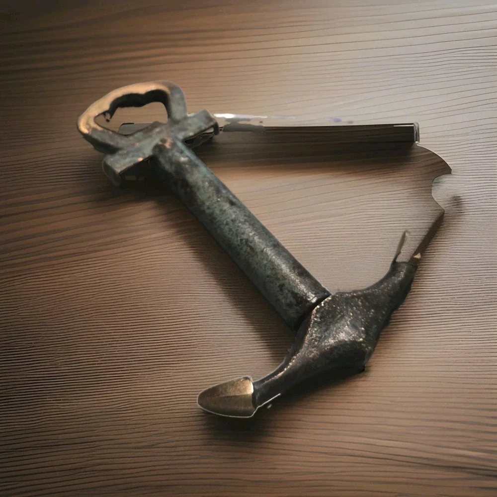 Vintage Brass Anchor Shaped Wine Key & Bottle Opener Green Patina Finish 5.5